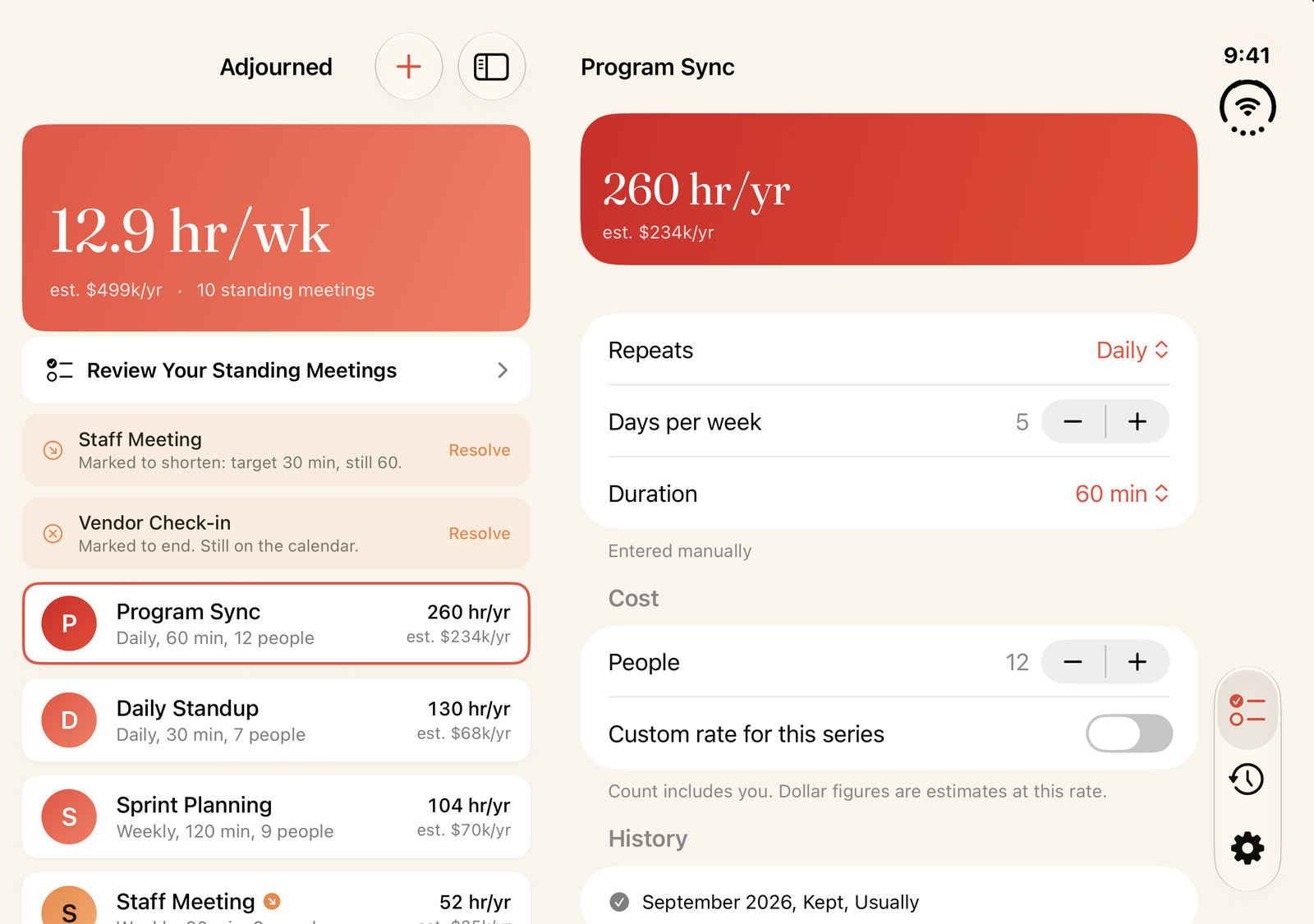 Adjourned on the unfolded iPhone Duo: the stack at 12.9 hours a week beside Program Sync, 260 hours a year.