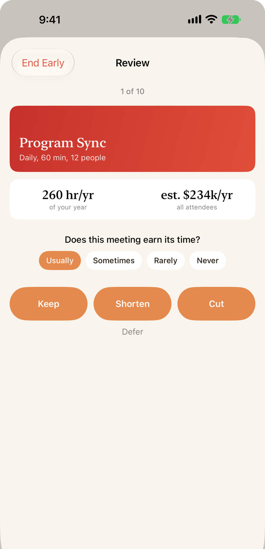 A review card for Program Sync asking whether the meeting earns its time, with Keep, Shorten and Cut.