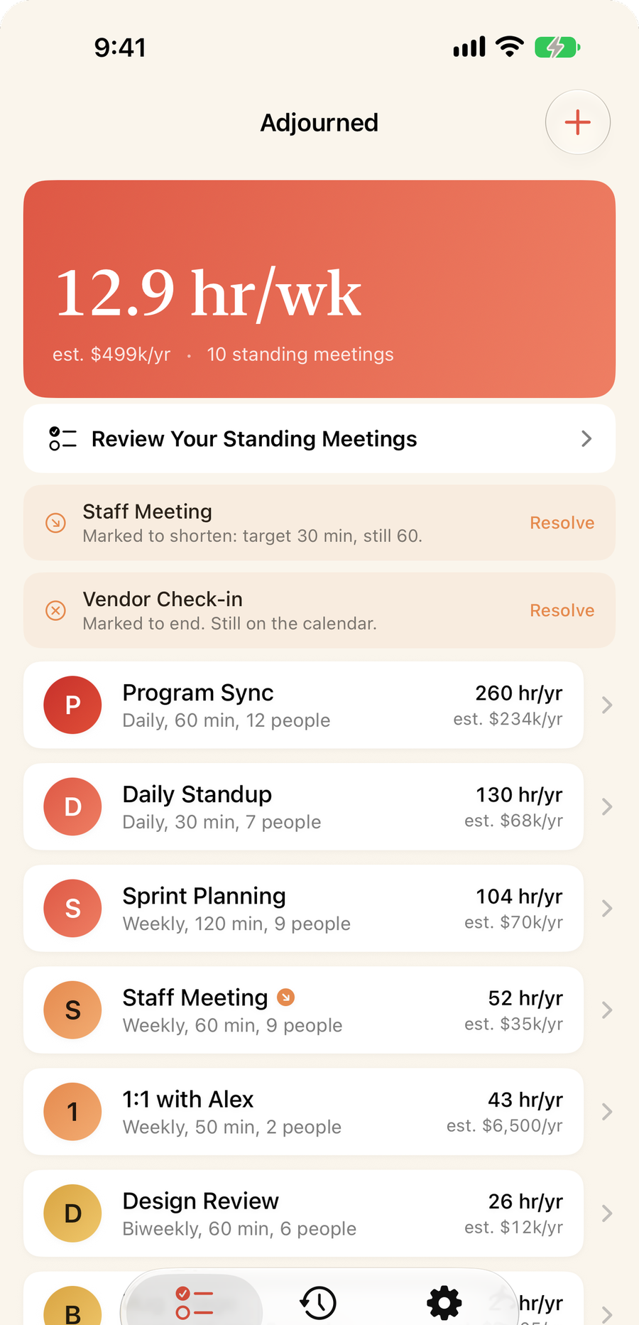 The stack: 12.9 hours a week across ten standing meetings, each priced in hours per year.